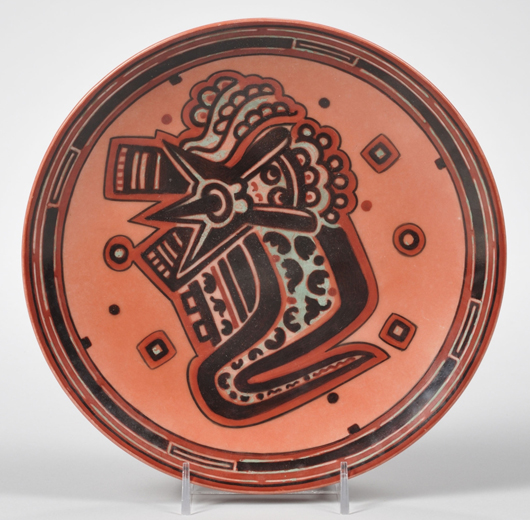 Sidney T. Callowhill hand-painted Aztec-style decorated porcelain plate, signed on reverse with stylized ‘Sidney T. Callowhill,’ diameter 7 3/4 inches. Estimate $200-$300. Image courtesy of Skinner Inc.