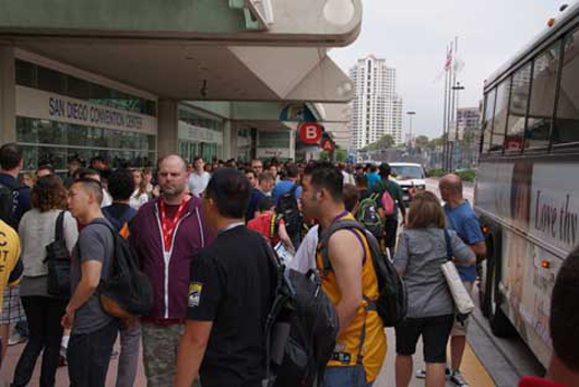 At the front of the San Diego Convention Center, the crowd arrived on foot, via shuttle busses from the local hotels, and on local rail. A veritable hive of activity throughout the course of the day, the area was almost impassable at opening and closing. Photo by Michael A. Solof.
