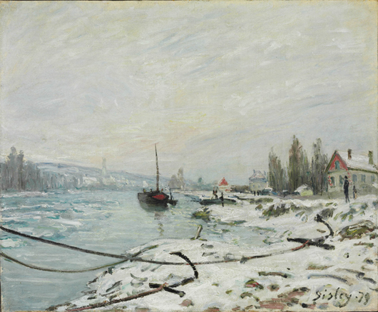 'Mooring Lines, the Effect of Snow at Saint-Cloud,' 1879, by Alfred Sisley (French, 1839-1899). Oil on canvas, 14 3/4 x 18 inches. Philadelphia Museum of Art. Gift of John C. Haas and Chara C. Haas. Image courtesy of the Philadelphia Museum of Art.