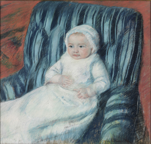 'Madame Berard’s Baby in a Striped Armchair,' 1880-81, by Mary Cassatt (American 1844-1926). Pastel on paper, 25 x 26 inches. Philadelphia Museum of Art. Gift of John C. Haas and Chara C. Haas. Image courtesy of the Philadelphia Museum of Art.