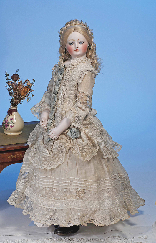 Circa-1870 Louis Doleac signed French bisque poupee, $9,200. Image by Frasher’s Doll Auctions.
