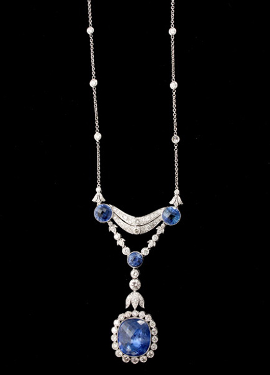 Sapphire, diamond,18K white gold necklace. Estimate: $6,500-$7,500. Image courtesy of Michaan’s Auctions.