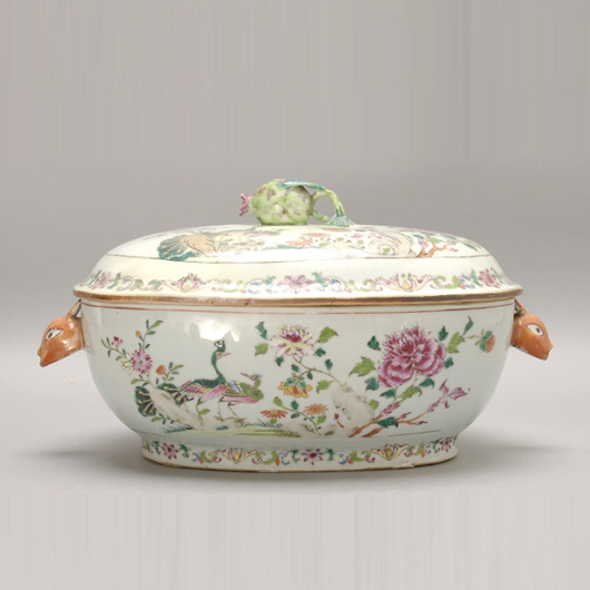 Chinese export Famille Rose covered tureen. Estimate: $1,500-$2,000. Image courtesy of Michaan’s Auctions.