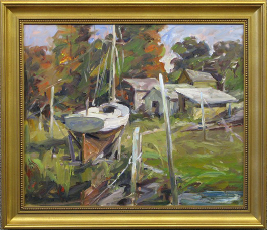 Betty Lou Schlemm, ‘Essex Boatyard,’ oil, image size: 20 x 24 inches, framed. Estimate: $1,500-$1,800. Image courtesy of North Shore Art Association.