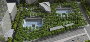 An artist's rendition of Reflecting Absence, the above ground part of the under construction National September 11 Memorial & Museum. Fair use of image whose copyright belongs to Squared Design Lab.