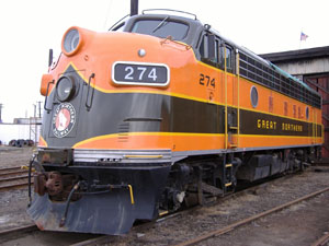 Amtrak's early years were known as the Rainbow Era, referring to the various colors seen in the rolling stock and locomotives leased from various railroad lines, like this Great Northern EMD F7 locomotive. By mid-1972, Amtrak began buying the equipment it had leased, and in 1975 its official color scheme was painted on most Amtrak equipment. Image licensed under the Creative Commons Attribution-Share Alike 3.0 Unported license.