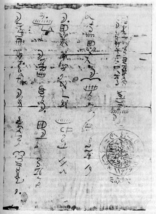 Photo of the forged ‘Reformed Egyptian’ document, which Hofmann claimed he found the document folded inside a 17th-century King James Bible. He proposed it was handwritten by Joseph Smith, Morman Church founder. Image courtesy of Wikemedia Commons.