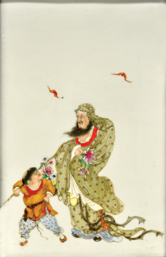 Of particular note in this sale is a Chinese polychrome enameled porcelain plaque titled ‘Immortal and Attendant,’ late Qing/Republic Period. Image courtesy of Clars Auction Gallery.