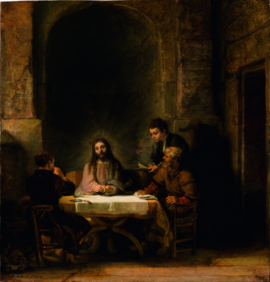 The Supper at Emmaus, 1648  Rembrandt Harmensz. van Rijn  Oil on mahogany panel  26 3/4 x 25 9/16 inches (68 x 65 cm)  Musée du Louvre, Paris, FRANCE