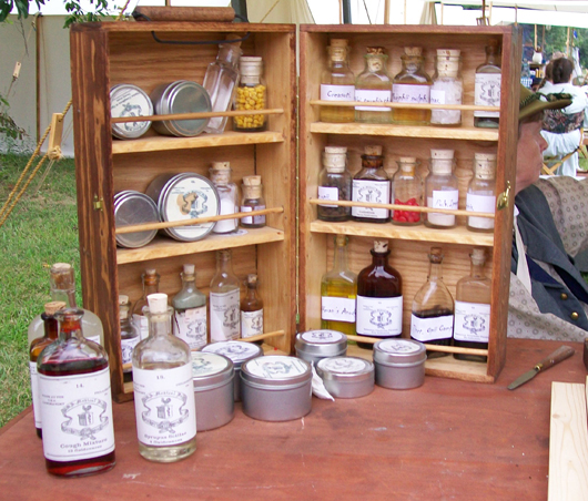 Assortment of medicines used to treat soldiers during the American Civil War era, on display at the 2009 re-enactment of the Battle of Corydon in Indiana. Photo by Charles Edward, licensed under the Creative Commons Attribution-Share Alike 3.0 Unported license.