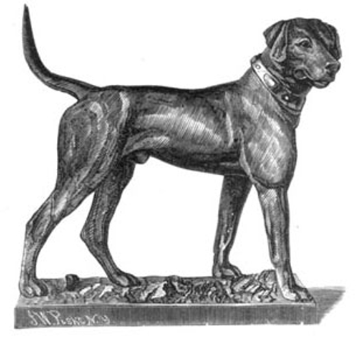 An engraving of the statue known as Morley's Dog, as shown in a 19th-century J.W. Fiske product catalog.