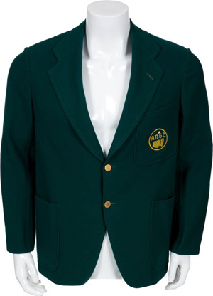 Green jacket that belonged to Bobby Jones, co-founder of the Masters Tournament and Augusta National Golf Club. Auctioned for $310,700 in an Aug. 4, 2011 sale conducted by Heritage Auction Galleries. Image courtesy of Heritage Auction Galleries.