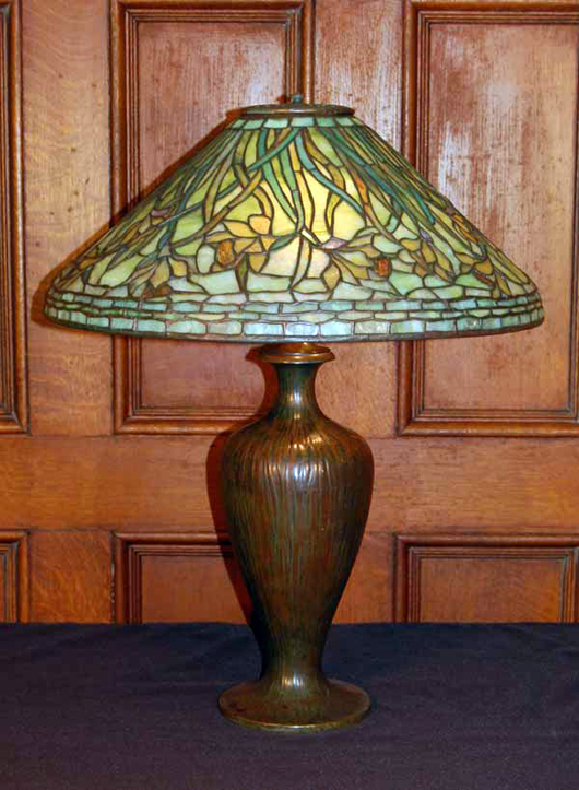 Tiffany Studios Daffodil lamp, 20 inches, signed Tiffany Studios on base and shade, est. $35,000-$50,000. Image courtesy of Blanchard's Auction Service.