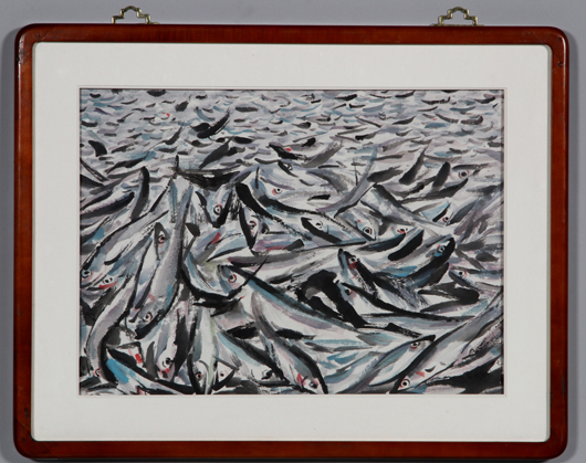 Painting of many fish by Wu Guanzhong (1919-2010), China, 20th century, signed lower right, 15 1/2 x 21 inches (sight). Estimate: $20,000-$30,000. Image courtesy of Kaminski Auctions.