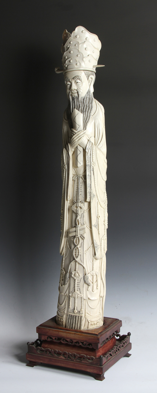 Ivory figure of Bi Gan (civil god of wealth), China, 19th century, 30 inches. Estimate: $20,000-$30,000. Image courtesy of Kaminski Auctions. 