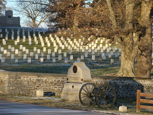 Photograph of a cemetery at the Gettysburg National Military Park in Gettysburg, Pa. Monument marker in foreground commemorates the 3rd N.Y. Independent Battery Artillery Brigade Sixth Corps. Photo by Salicio, licensed under the Creative Commons Attribution-Share Alike 3.0 Unported license.