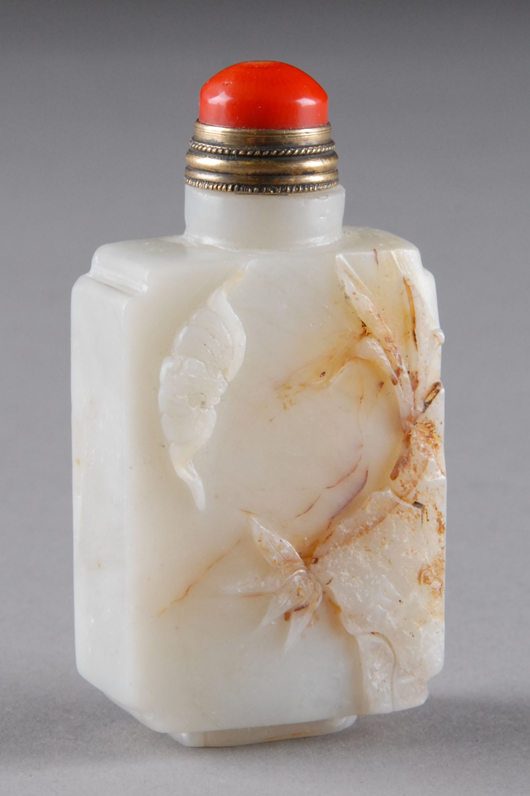 Chinese carved white jade snuff bottle, $400-$800. Langley Scott image.
