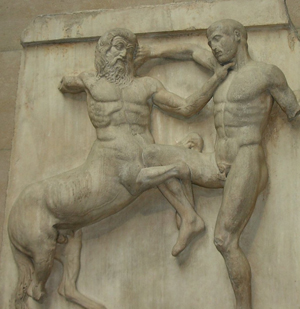 From the Elgin Collection at The British Museum, a marble of a lapith fighting a centaur, South Metope 31, Parthenon, circa 447-433 B.C. Photographed by Adam Carr, licensed under the Creative Commons Attribution-Share Alike 3.0 Unported license.
