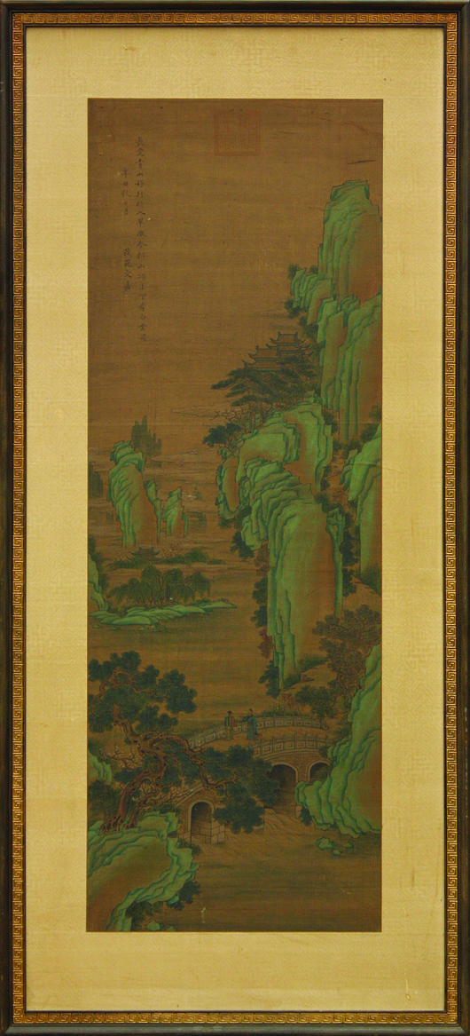 This framed Chinese ink and color on silk painting titled 'Scholars Meeting at Bridge Amid Mountains,' after Wen Jia (Chinese, 1501-1583) sold for $10,073 - 50 times its estimate. Clars image.