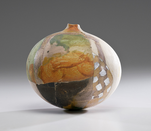 Rick Dillingham (1952-1994) was the author of the 1992 reference Acoma and Laguna Pottery and an Indian Art dealer in Santa Fe. His clay works, inspired by research into pueblo pottery traditions, have become collectible in their own right; this Globe “shard” vase sold for $9694 at Cowan’s last June. Courtesy Cowan’s Auctions.