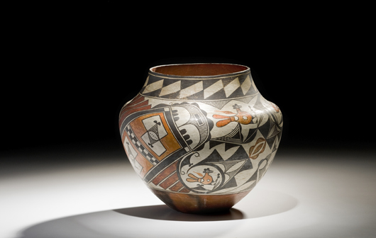 This Acoma olla, circa 1900, has a desirable polychrome decorative scheme featuring stylized birds; it sold in April 2009 for $7637. Courtesy Cowan’s Auctions.This Acoma olla, circa 1900, has a desirable polychrome decorative scheme featuring stylized birds; it sold in April 2009 for $7637. Courtesy Cowan’s Auctions.