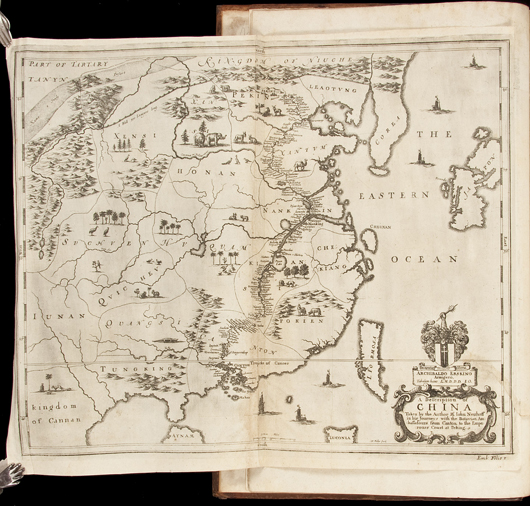 John Ogilby's translations of Jan Nieuhoff's 'An Embassy from the East-India Company of the United Provinces to the Grand Tartar Cham Emperor of China, and Arnoldus Montanus' Atlas Chinensis,' sold to a customer in the room for $42,000, far above the presale estimate of $12,000-$18,000. PBA Galleries image.