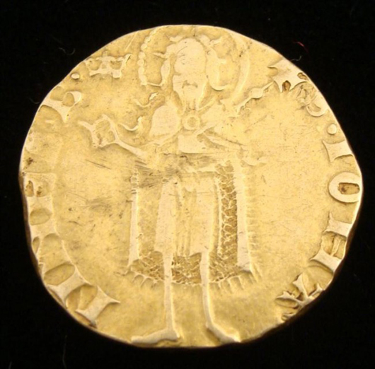 A double hedge against inflation, this 14th-century gold coin minted in Avignon, France, has both intrinsic and historical value going for it. The coin is from a papal series and shows a standing St. John the Baptist holding a lily on the reverse. Measuring approx. 29mm in diameter, it is expected to make $1,200-$1,840 in Universal Live's Aug. 18 online-only auction conducted through LiveAuctioneers.com. Image courtesy of LiveAuctioneers.com and Universal Live Auctions.