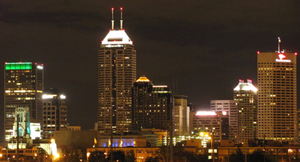 Indianapolis skyline at night, taken from the top floor of the Methodist Hospital south parking garage.