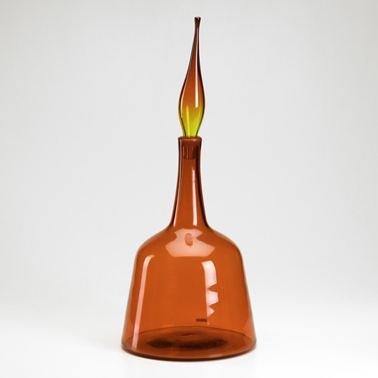 Blenko Glass tangerine decanter with flame stopper and etched Blenko signature, $200-$300. Rago image.