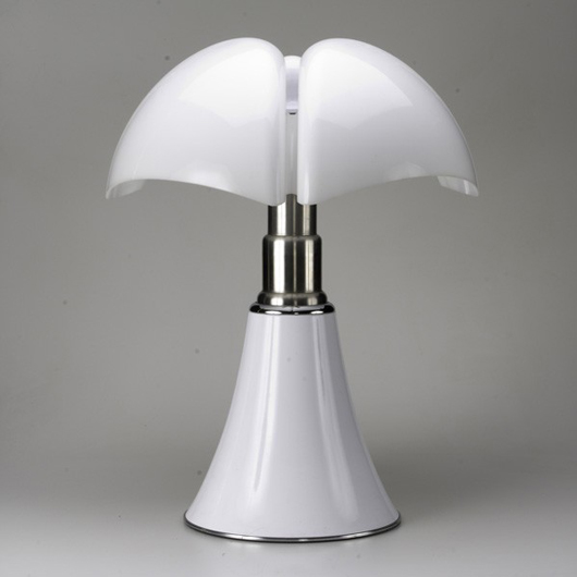 Gae Aulenti, Martinelli Luce, Pipistrello table lamp with chrome and enamel base, white plastic shade, $500-$700. Rago image.