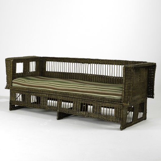 Gustav Stickley willow settee with striped wool cushion, $700-$900. Rago image.
