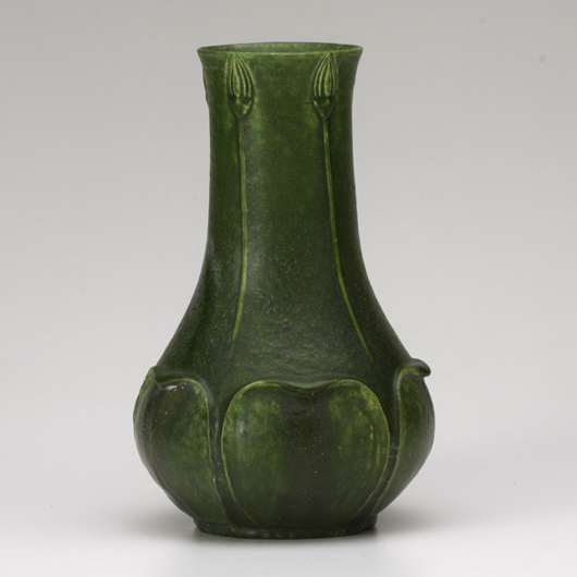 Grueby corseted vase in matte green, $1,000-$1,500. Rago image.
