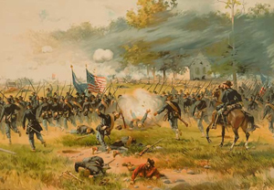 A Louis Prang and Co. chromolithograph depicts the charge of Iron Brigade near the Dunker Church during the Battle of Antietam. Image courtesy of Wikimedia Commons.
