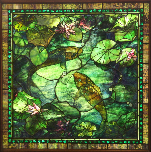 Twentieth-century American stained glass window titled ‘Koi Pond,’ signed by the artist Steven Steltz. Image courtesy of Great Gatsby’s.