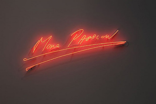 More Passion neon sign by British artist Tracey Emin, now installed at the British Prime Minister's residence, No. 10 Downing St., London.