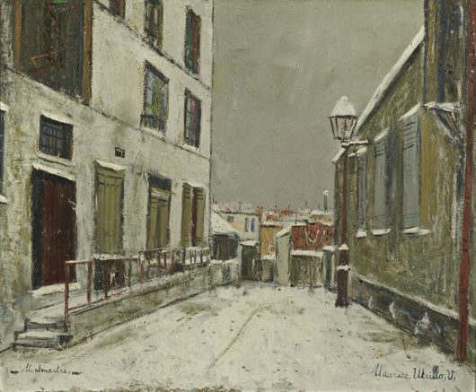Maurice Utrillo (French, 1883-1955) 'Impasse trainee sous la neige a Montmartre,' signed 'Maurice, Utrillo, V.' Estimate: $100,000-$150,000. Image courtesy of Skinner Inc.