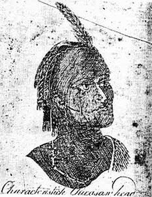 1775 sketch of a Chickasaw Indian from the book Southeastern Indians: Life Portraits, Bernard Romans. Public domain image in the United States because copyright has expired. Copyright laws may differ in other countries.