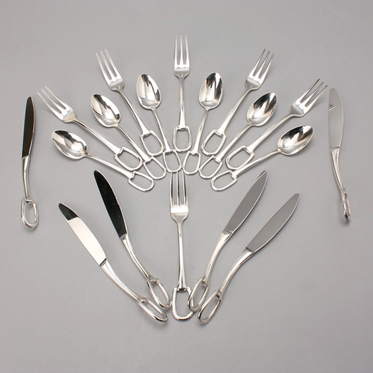Hermes Paris Attelage silver-plated 18-piece flatware service, $1,046. Image courtesy of Michaan's.