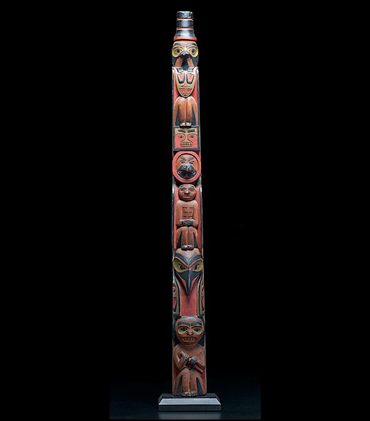 Tlingit polychrome carved totem pole, 47 1/2 inches, first quarter 20th century. Estimate: $8,000-$10,000. Image courtesy of Cowan’s Auctions Inc.