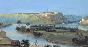 John Casper Wild (American, 1804-1846) 1844 painting of Fort Snelling with Pike Island and the Mendota settlement in the foreground. Original image from The Minnesota Historical Society, which operates Historic Fort Snelling.