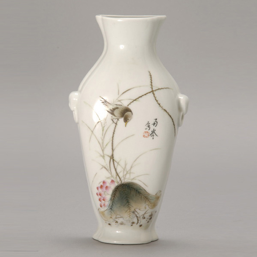 Enameled porcelain wall vase marked ‘Liu Yucen.’ Estimate: $250-$350. Image courtesy of Michaan’s Auctions.