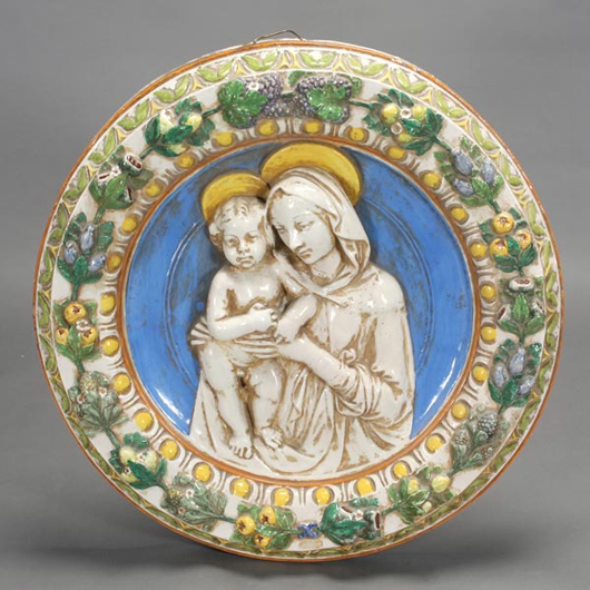 Italian Della Robia-style ceramic tondo Madonna and Child. Estimate: $500-$700. Image courtesy of Michaan’s Auctions.