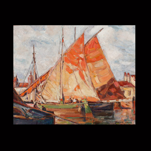 Attributed to Edgar Payne (American 1883-1947), ‘Sailboats in Harbor,’ oil on canvas. Estimate: $10,000-$15,000. Image courtesy of Michaan’s Auctions.