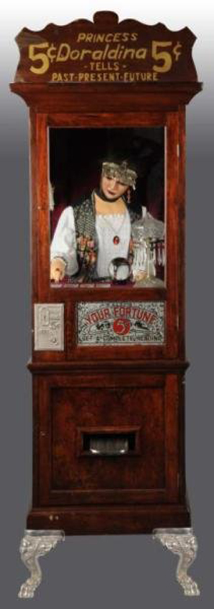 Morphy Auctions sold a scarce 1928 Doraldina fortune-teller machine in May 2010 for $12,500. Unlike the Mills Gypsy in Montana, Doraldina told fortunes on printed cards. Image courtesy of LiveAuctioneers Archive and Morphy Auctions.