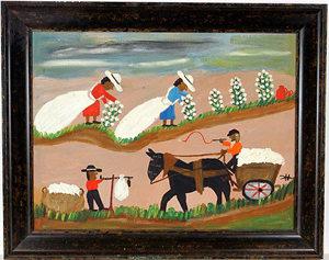 A genuine Clementine Hunter painting on board, circa 1960s, titled Pickin' & Haulin' Cotton. Auctioned by Slotin's for $21,600 on April 26, 2008. Image courtesy of LiveAuctioneers.com archive and Slotin Folk Art.