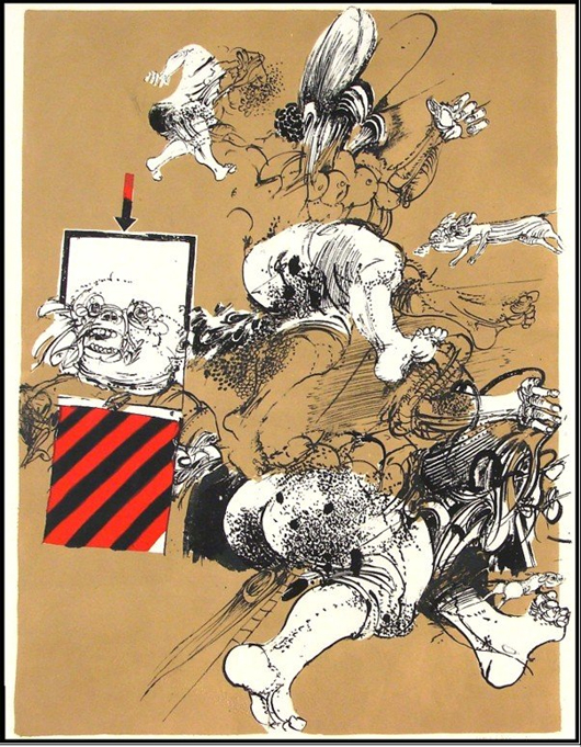 The Mediala group, which included Serbian artist Vladimir Velickovic (b. 1935-), was formed in the 1970s to promote Surrealist figurative painting. During that time period, Serbian artists were divided between those following traditions of Serbian work such as frescoes and iconography, and those exploring international styles. Shown here: lithograph of Velickovic's 1967 work titled 'Le Miroir.' Courtesy LiveAuctioneers.com archive and Clark's Fine Art & Auctioneers.
