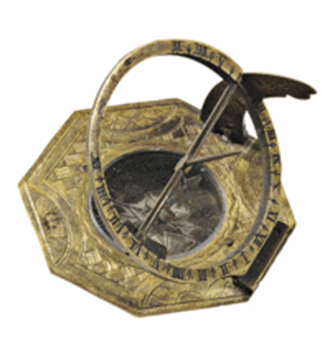 This antique German sundial, 2 inches across, was sold at a Skinner auction in Boston for $450. It folded to fit in a pocket, and could be carried on a trip to tell the time. Photo courtesy of Skinner Inc.