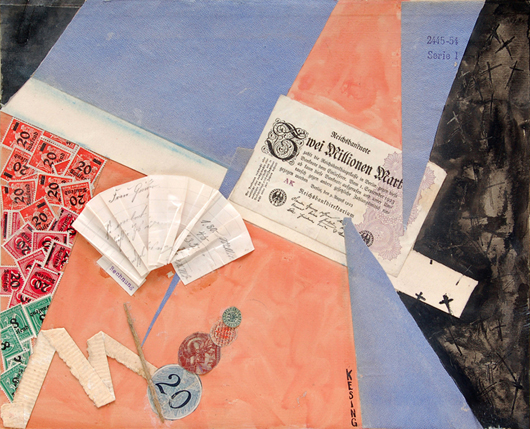 Edmund Kesting ‘Two Million Mark,’ around 1923, collage and mixed-media, 11 12 x 14 1/4 inches. Image courtesy of Schmidt Fine Art Auctions Dresden.