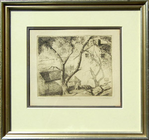 Daniel Garber (Pa., New Hope school, 1880-1958) drypoint etching from the living estate of Newtown Borough’s former mayor Glenn Hains and his wife Barbara. Stephenson’s Auctioneers image.
