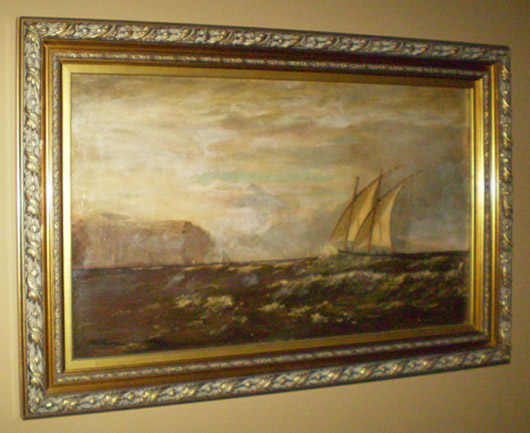 S.G.W. Benjamin (American, 1837-1914) signed oil-on-canvas painting of a clipper ship from the living estate of Newtown Borough’s former mayor Glenn Hains and his wife Barbara. Stephenson’s Auctioneers image.